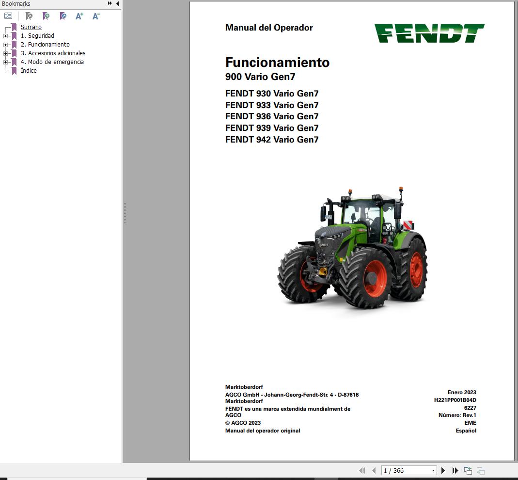 Fendt 930 933 936 939 942 Vario Gen7 Operating Manual H221PP001B04D ES