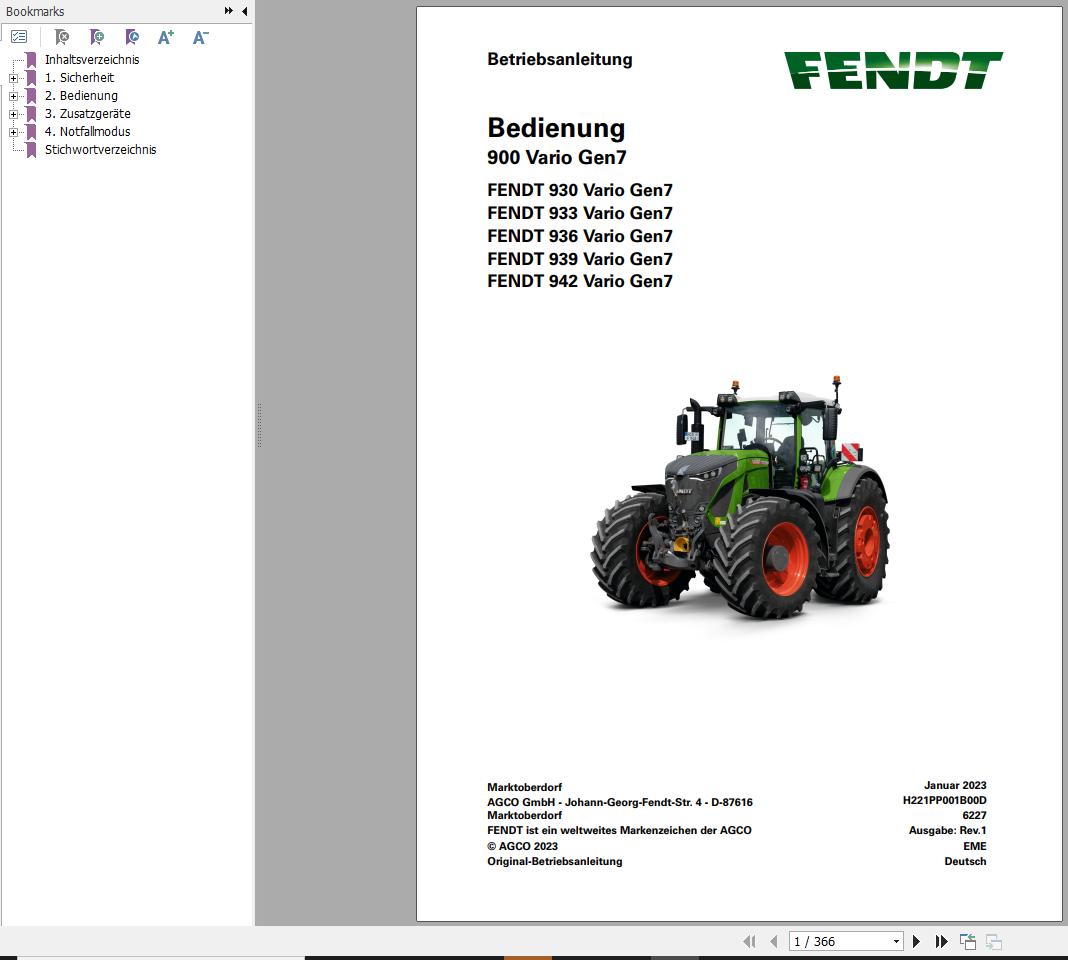 Fendt 930 933 936 939 942 Vario Gen7 Operator Workshop Manuals and Diagrams DE 2