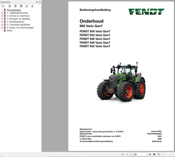 Fendt 930 933 936 939 942 Vario Gen7 Operator Workshop Manuals and Diagrams NL 2