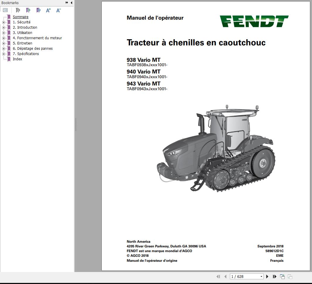 Fendt 938 940 943 Vario MT Operator Manual 589612D1C FR