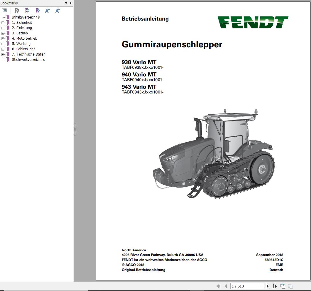 Fendt 938 940 943 Vario MT Operator Manual 589613D1C DE