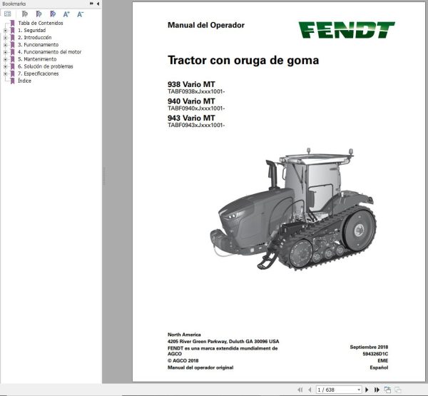 Fendt 938 940 943 Vario MT Operator Manual 594326D1C ES