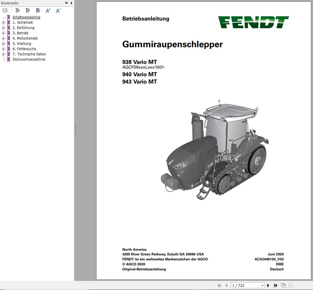 Fendt 938 940 943 Vario MT Operator Manual ACX2448130 V03 DE