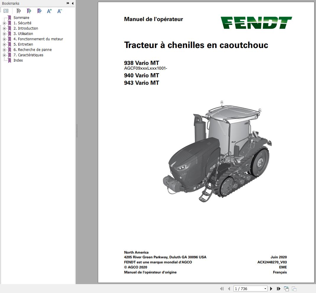 Fendt 938 940 943 Vario MT Operator Manual ACX2448270 V03 FR