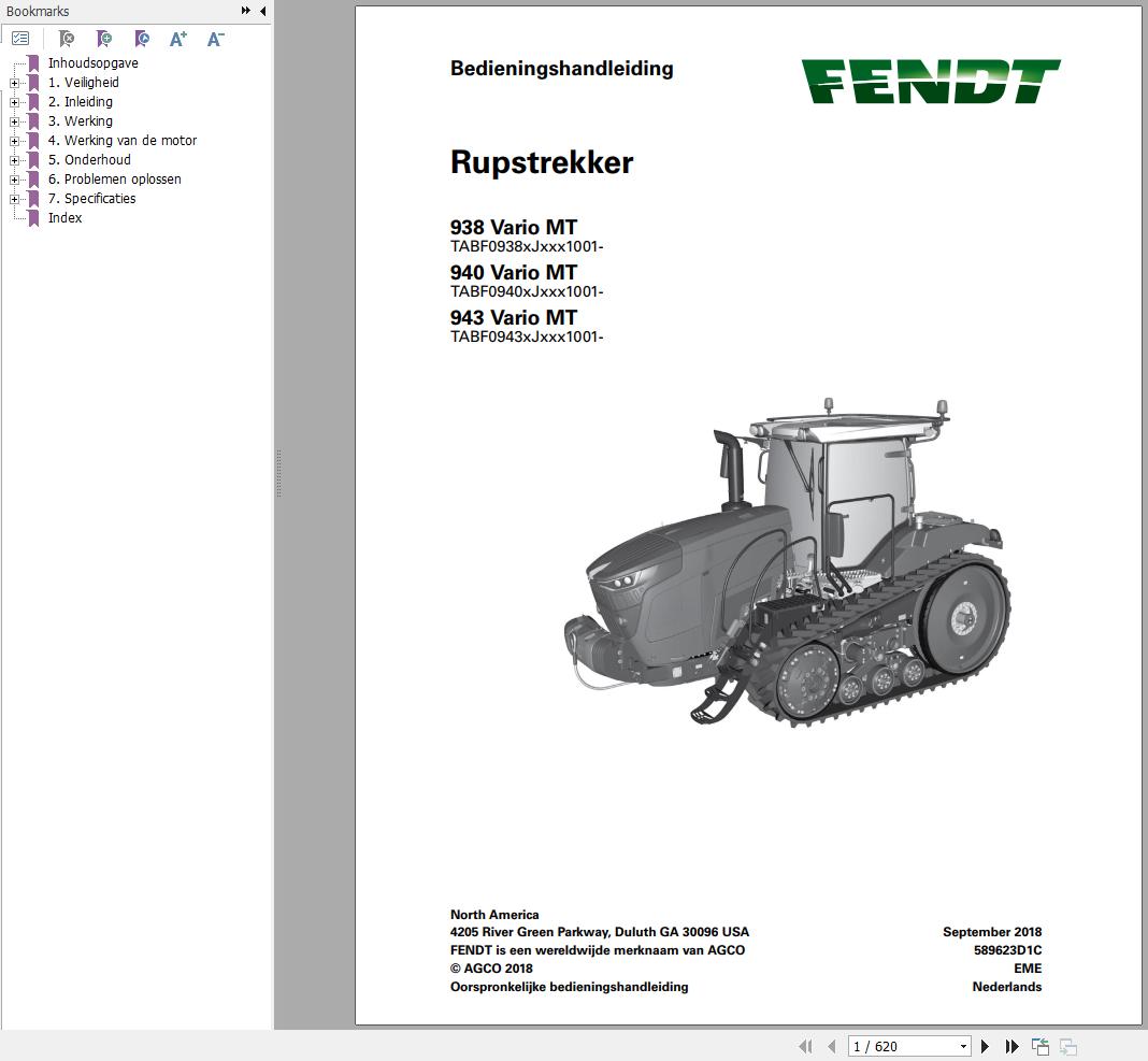 Fendt 938 940 943 Vario MT Operators Manual 589623D1C NL
