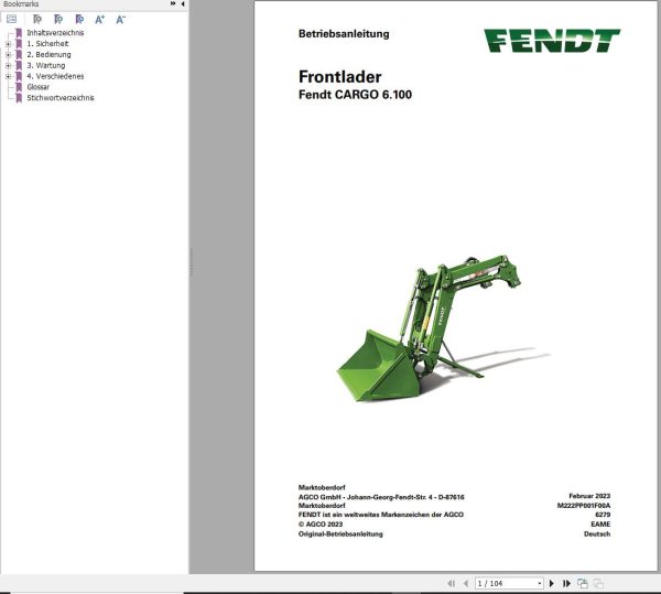 Fendt CARGO 6.100 Operator Manual M222PP001F00A DE