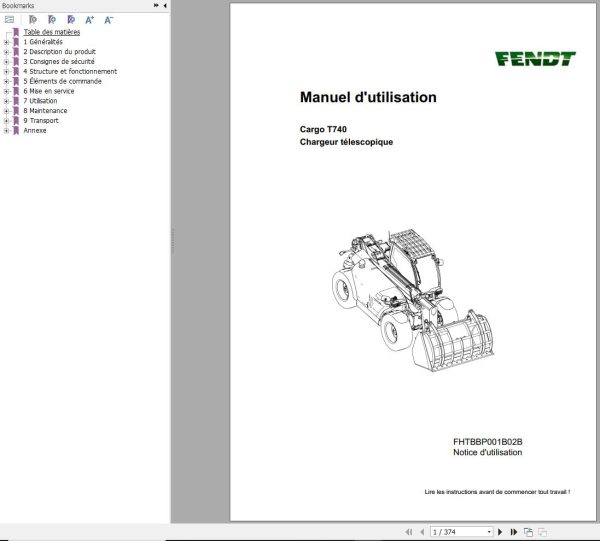 Fendt Cargo T740 Operators Manual FHTBBP001B02B FR