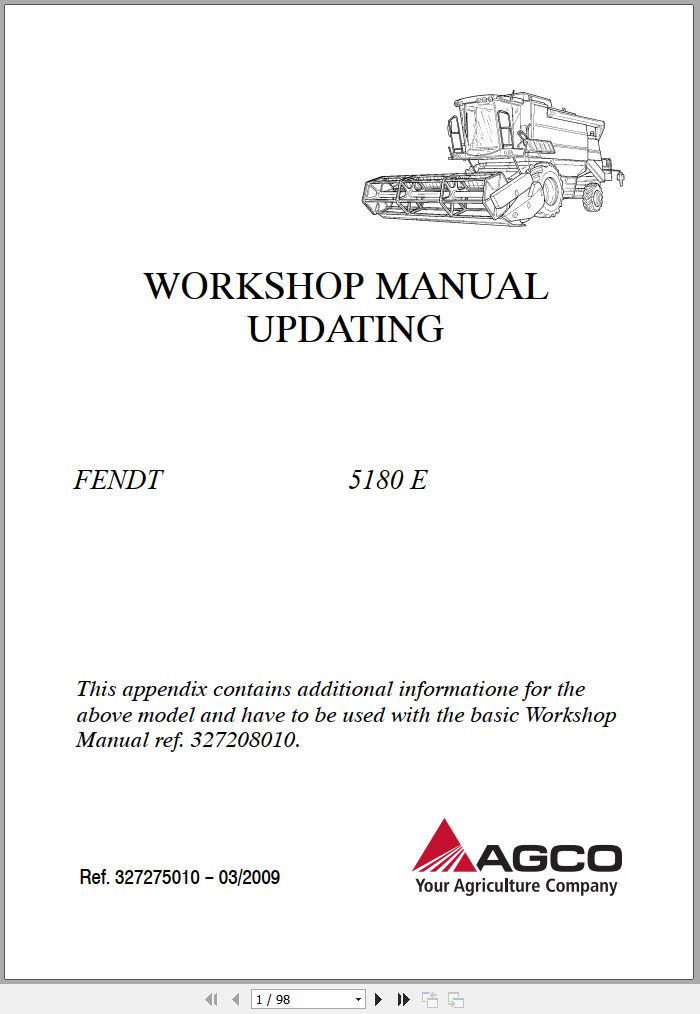Fendt Combine Harvesters 5180E Workshop Manual Updating 327275010