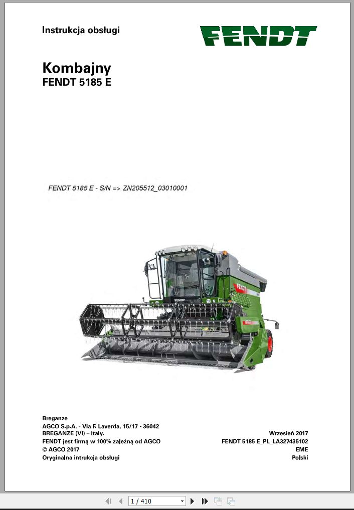 Fendt Combine Harvesters 5185E Operator Manual LA327435102 PL