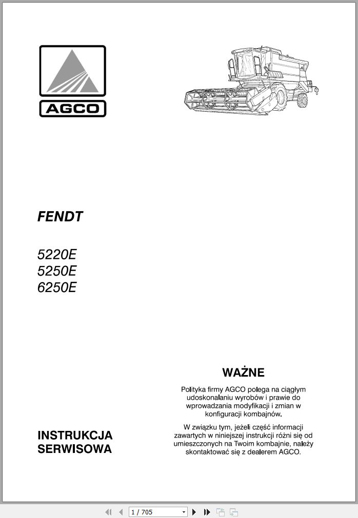Fendt Combine Harvesters 5220E 5250E 6250E Workshop Manual 327208100 PL