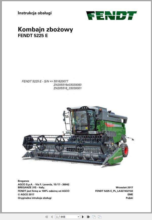 Fendt Combine Harvesters 5225E Operator Manual LA327432102 PL