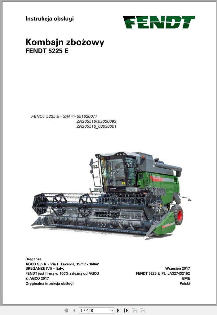 Fendt Combine Harvesters 5225E Operator Manual LA327432102 PL
