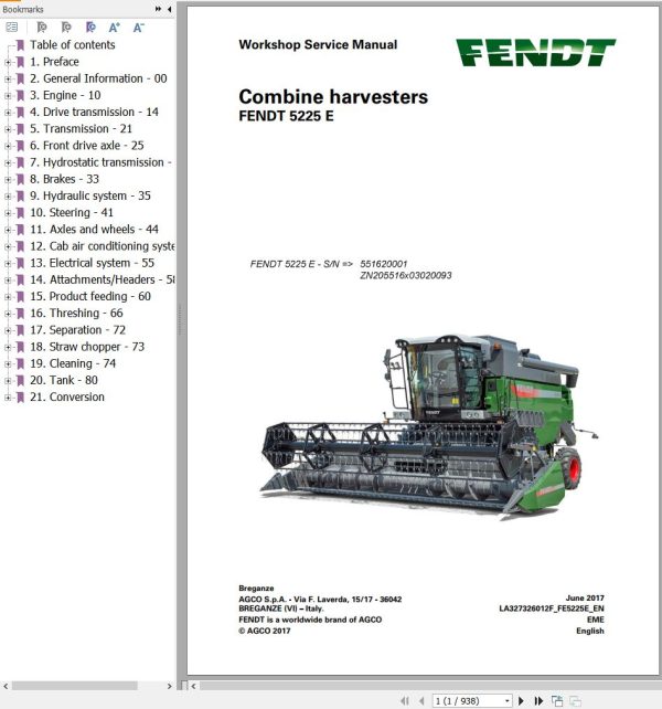 Fendt Combine Harvesters 5225E Workshop Service Manual LA327326012F