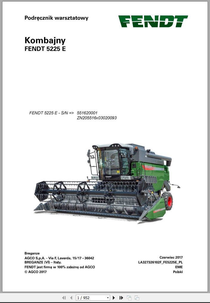 Fendt Combine Harvesters 5225E Workshop Service Manual LA327326102F PL