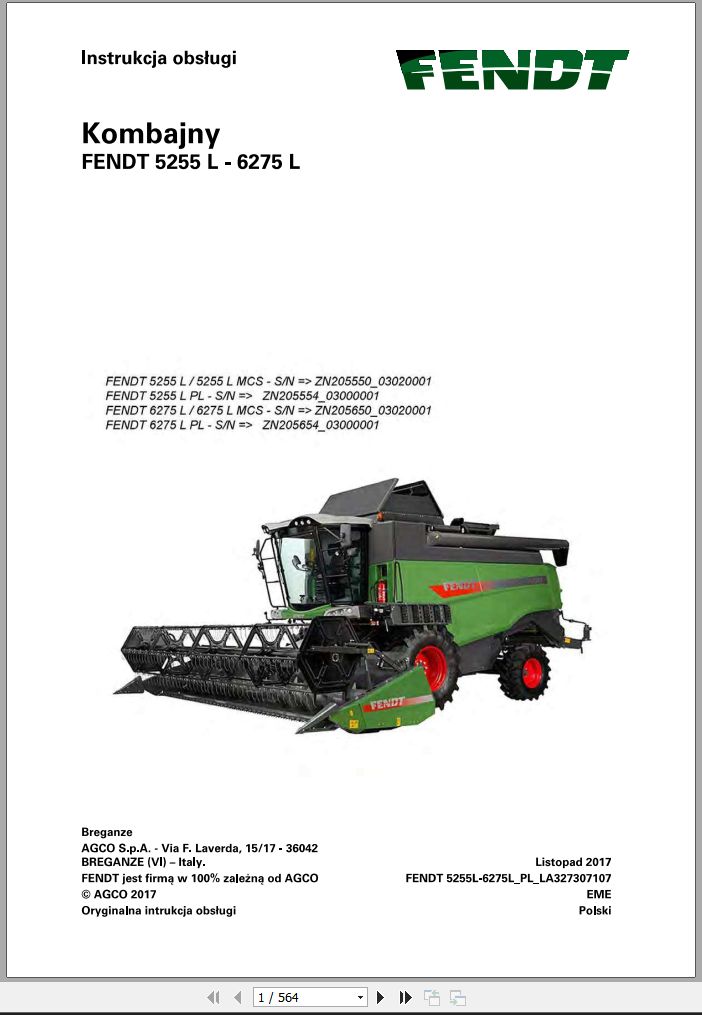 Fendt Combine Harvesters 5255L 6275L Operator Manual 327307107 PL