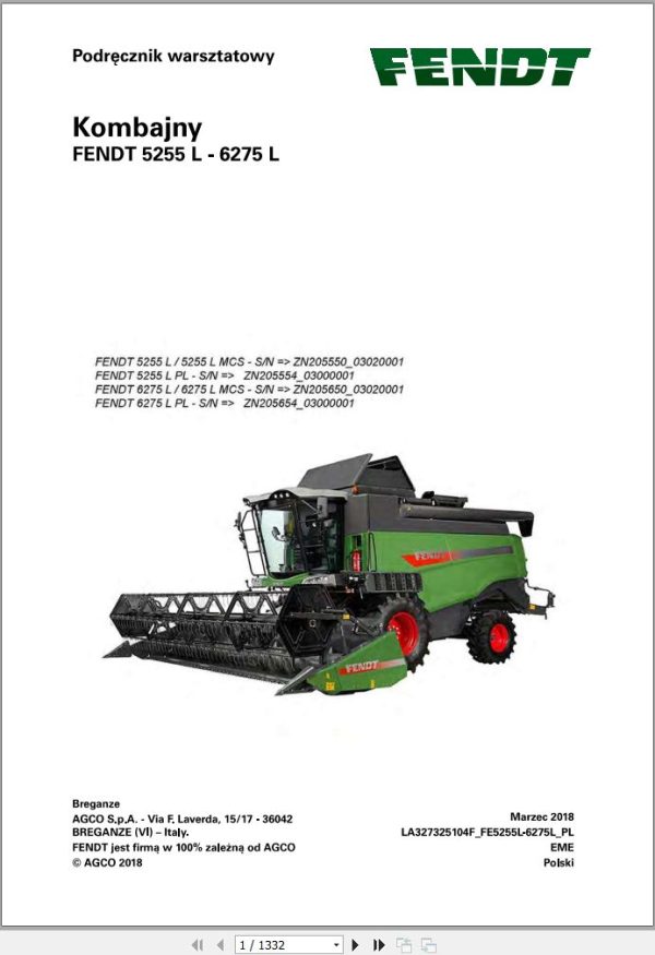 Fendt Combine Harvesters 5255L 6275L Workshop Service Manual LA327324104F PL