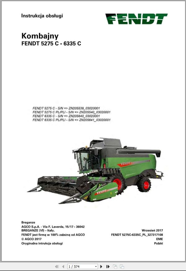 Fendt Combine Harvesters 5275C 6335C Operator Manual 327313108 PL