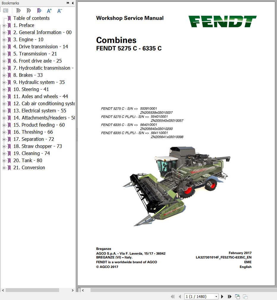 Fendt Combine Harvesters 5275C 6335C Workshop Service Manual LA327301014F