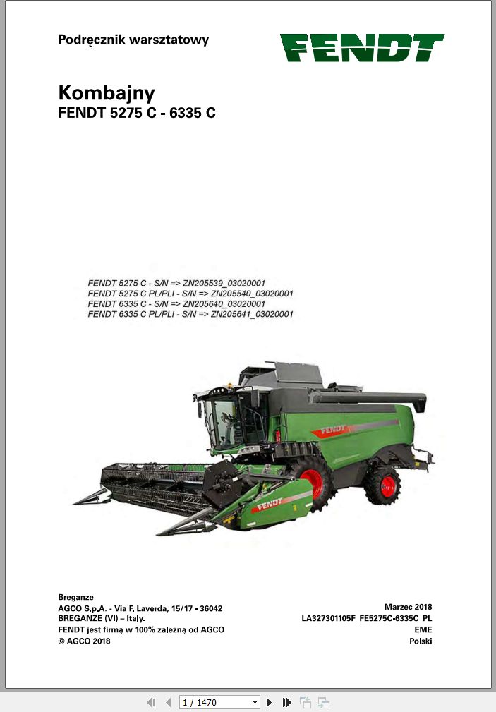Fendt Combine Harvesters 5275C 6335C Workshop Service Manual LA327301105F PL