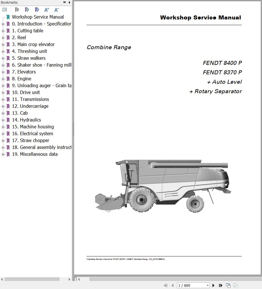 Fendt Combine Harvesters 8370P 8400P Workshop Service Manual D3151800M2