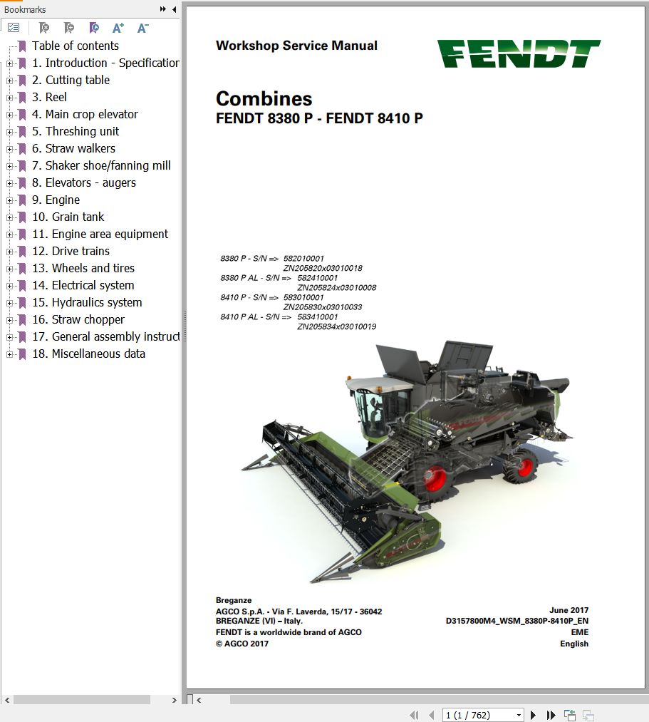 Fendt Combine Harvesters 8380P 8410P Workshop Service Manual D3157800M4