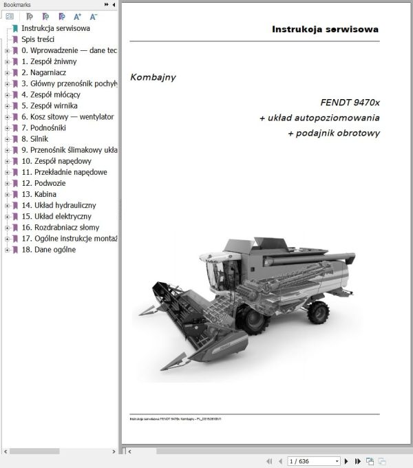 Fendt Combine Harvesters 9470X Workshop Service Manual D3152810M1 PL