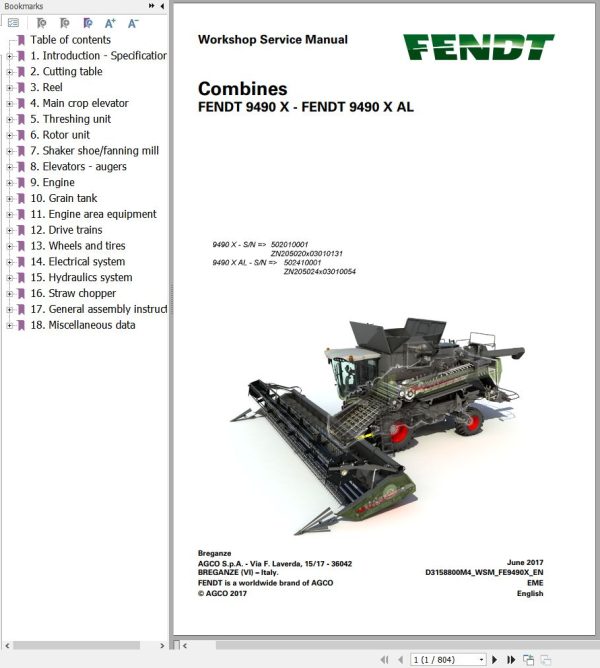 Fendt Combine Harvesters 9490 X AL Workshop Service Manual D3158800M4