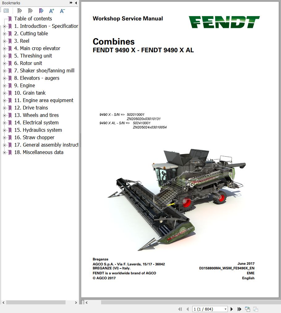 Fendt Combine Harvesters 9490 X AL Workshop Service Manual D3158800M4