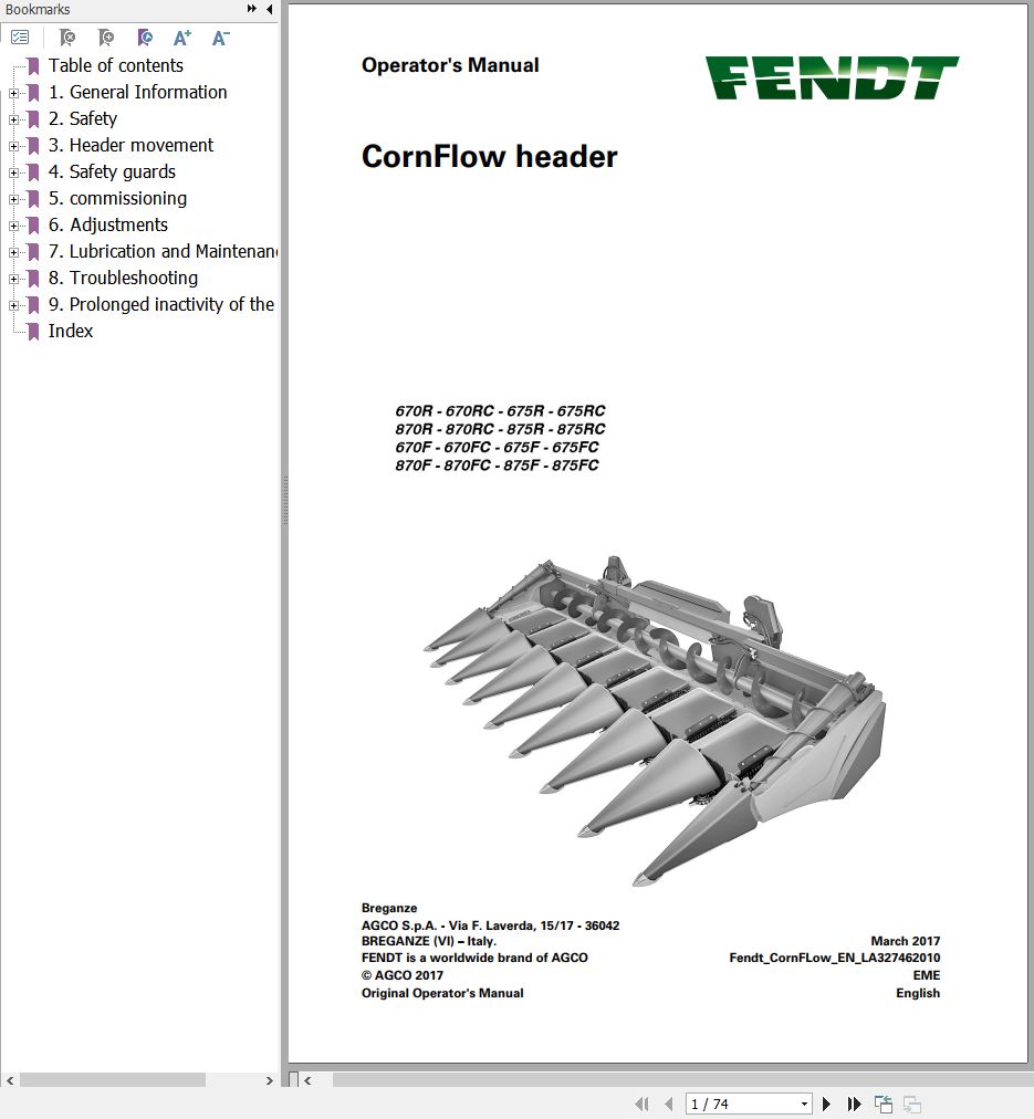 Fendt Combine Harvesters CornFlow Header 670R to 875FC Operator Manual 327462010