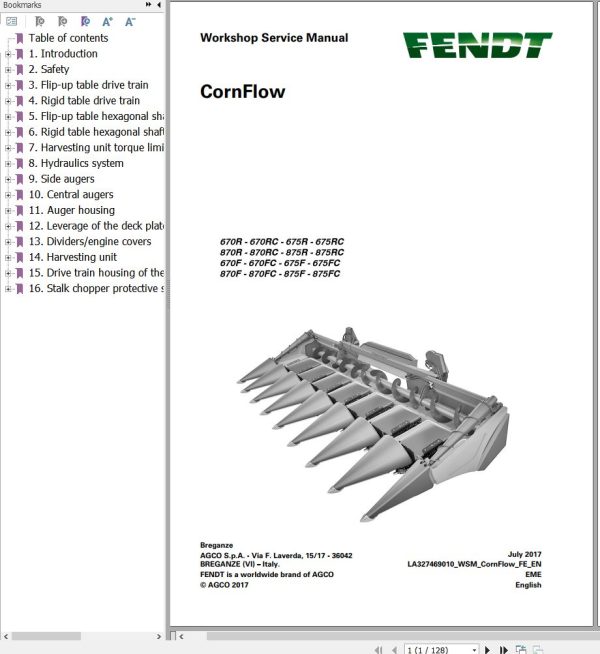 Fendt Combine Harvesters CornFlow Header 670R to 875FC Workshop Service Manual LA327469010
