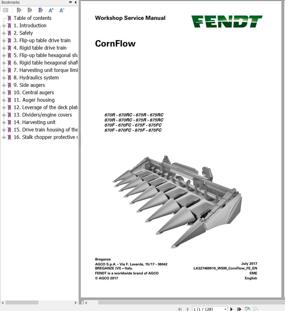Fendt Combine Harvesters CornFlow Header 670R to 875FC Workshop Service Manual LA327469010