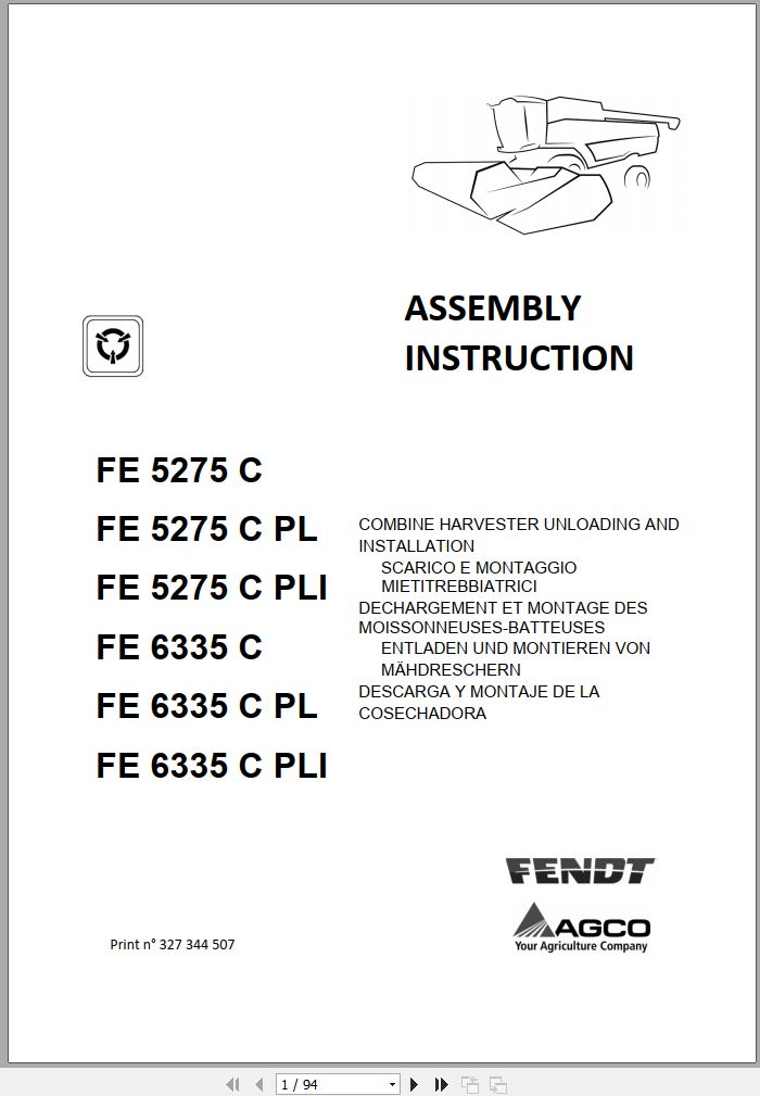 Fendt Combine Harvesters FE 5275 6335 C PL PLI Assembly Instruction 327344507