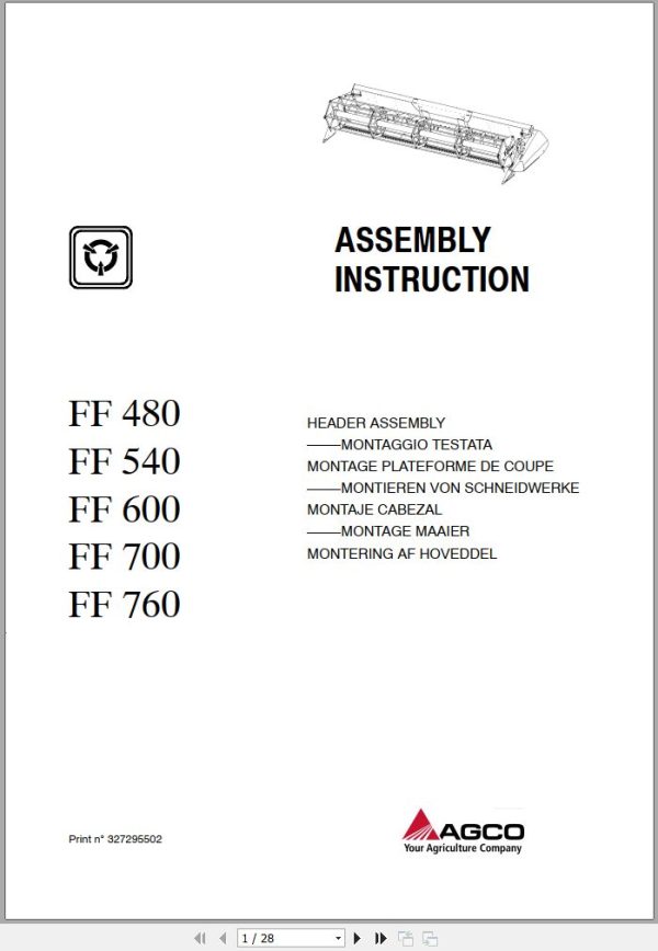 Fendt Combine Harvesters FF 480 540 600 700 760 Cutting Header Assembly Instruction 327295502