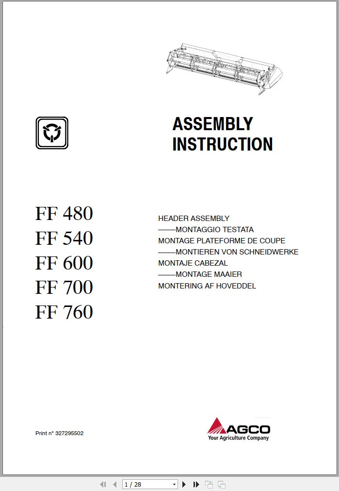 Fendt Combine Harvesters FF 480 540 600 700 760 Cutting Header Assembly Instruction 327295502