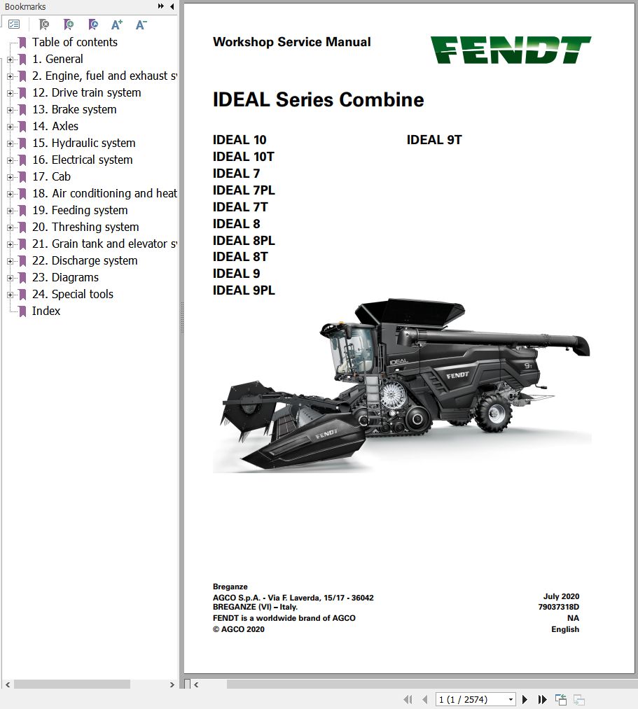 Fendt Combine Harvesters IDEAL 7 8 9 10 PL T Workshop Service Manual 79037318D
