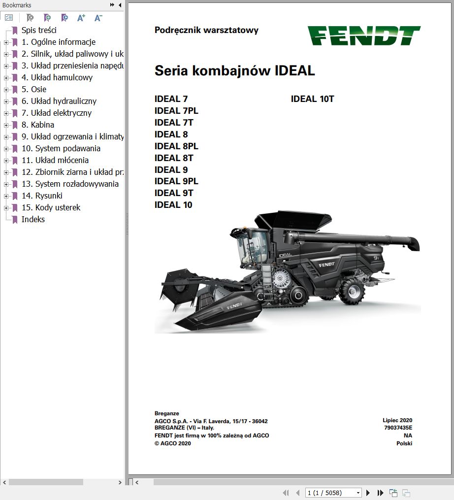Fendt Combine Harvesters IDEAL 7 8 9 10 PL T Workshop Service Manual 79037435E PL