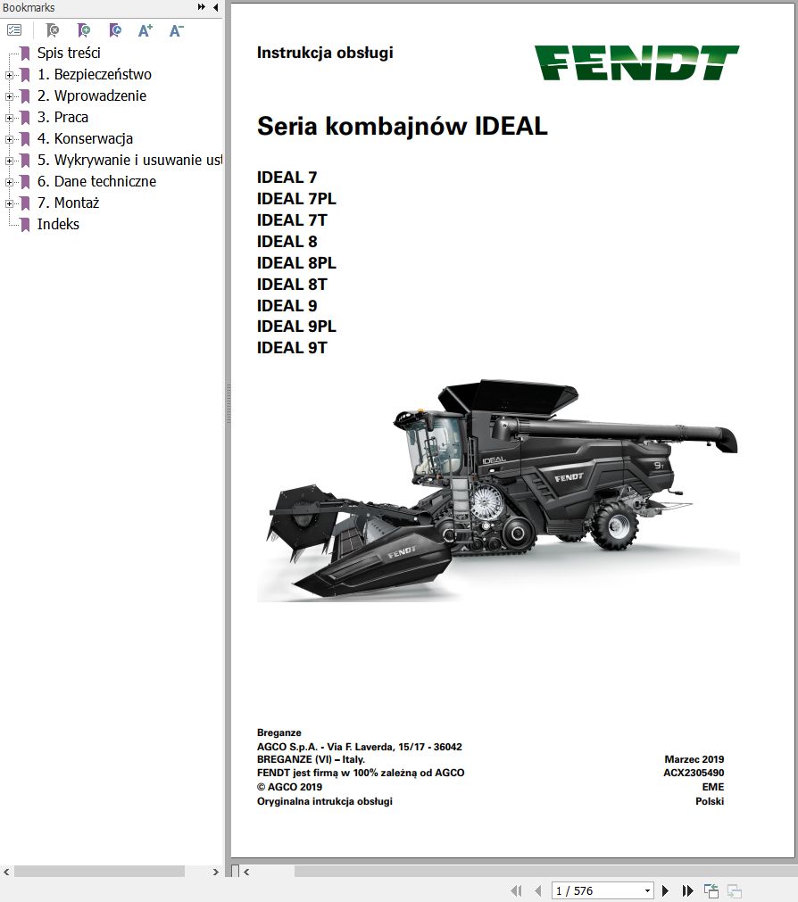 Fendt Combine Harvesters IDEAL 7 8 9 PL T Operator Manual ACX2305490 PL