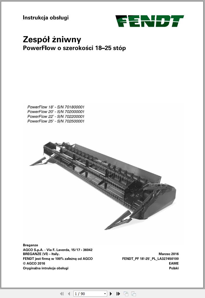 Fendt Combine Harvesters PowerFlow 18 20 22 25 Operator Manual LA327450100 PL