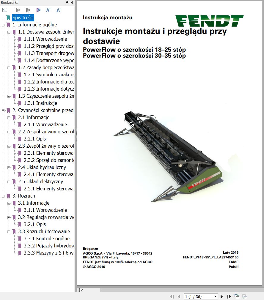 Fendt Combine Harvesters PowerFlow 18 25 30 35 ft Assembly Inspection Instruction LA327453100 PL
