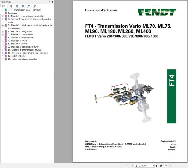 Fendt FT4 Trasmission Vario ML70 to ML400 Training Manual 5729 FR