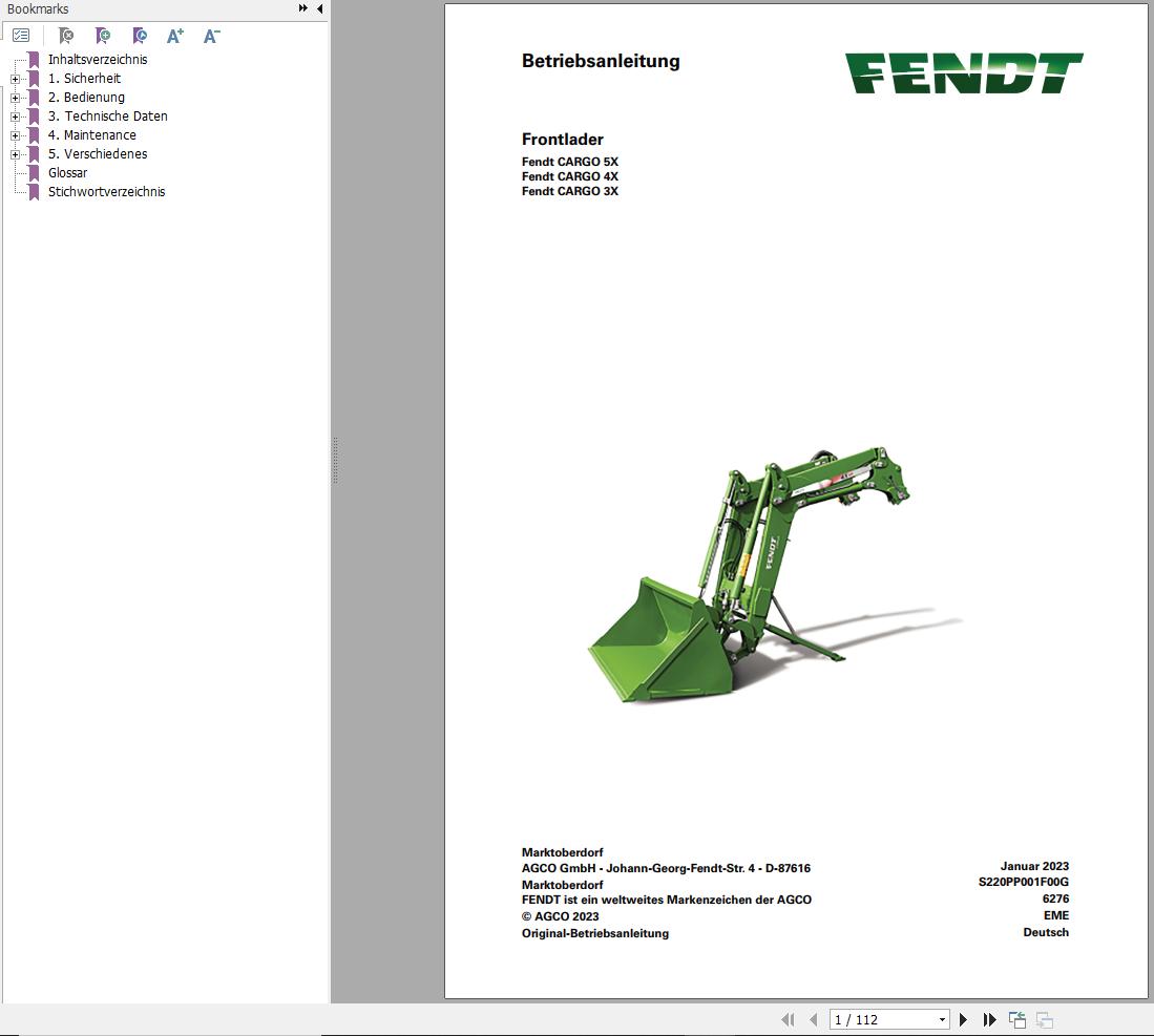 Fendt Frontlader CARGO 5X 4X 3X Operator Manual S220PP001F00G DE