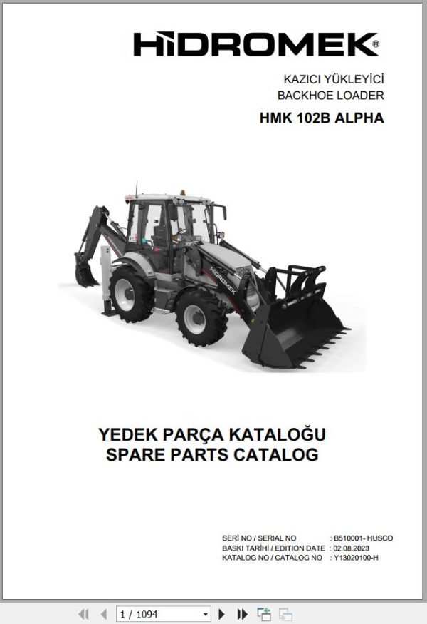 Hidromek Backhoe Loader HMK 102B ALPHA Spare Parts Catalog Y13020100 H EN TR