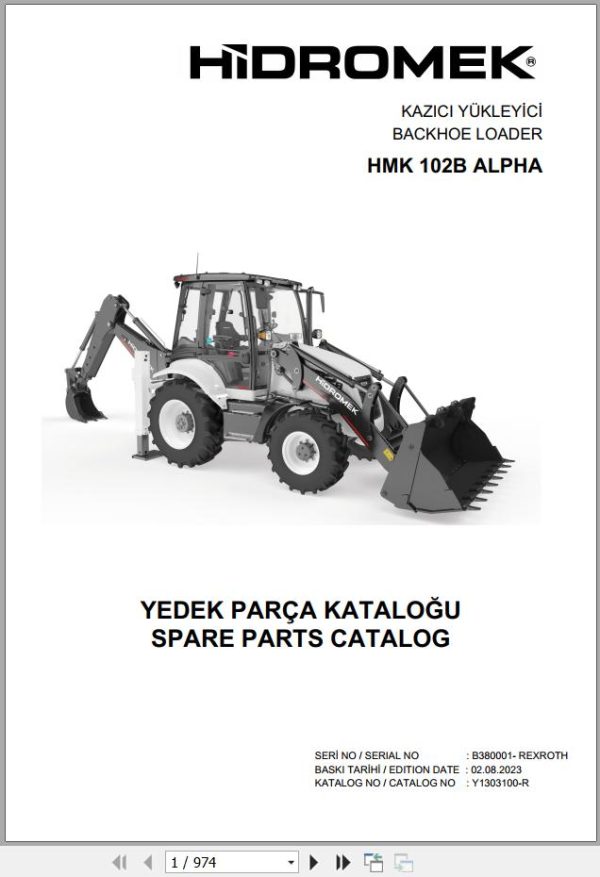 Hidromek Backhoe Loader HMK 102B ALPHA Spare Parts Catalog Y1303100 R EN TR