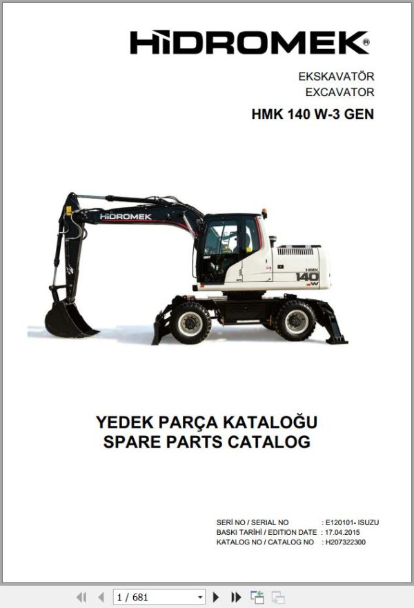 Hidromek Excavator HMK 140 W 3 GEN Spare Parts Catalog H207322300 EN TR