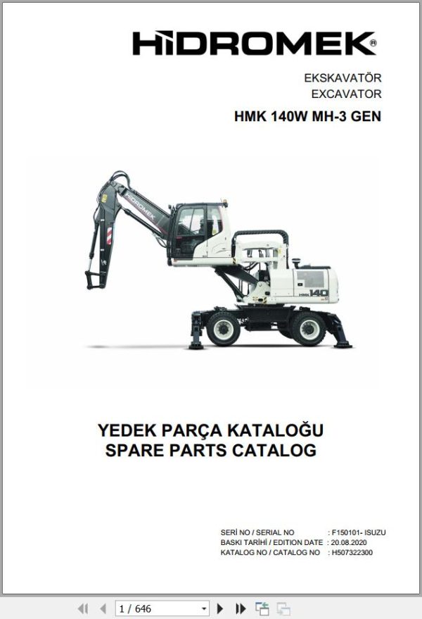 Hidromek Excavator HMK 140W MH 3 GEN Spare Parts Catalog H507322300 EN TR