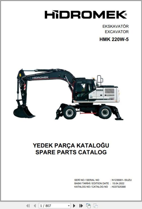 Hidromek Excavator HMK 220W 5 Spare Parts Catalog H237325300U EN TR