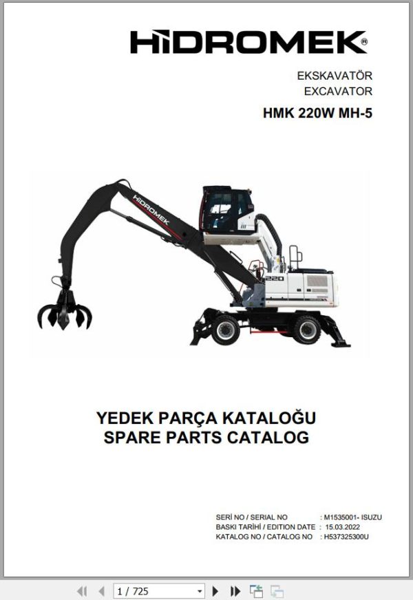 Hidromek Excavator HMK 220W MH 5 Spare Parts Catalog H537325300U EN TR