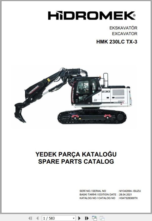 Hidromek Excavator HMK 230LC TX 3 Spare Parts Catalog H34732B300TX EN TR