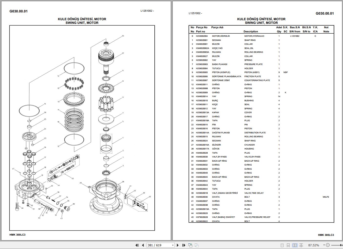 Hidromek Excavator HMK 300LC-3 Spare Parts Catalog H257322300U EN TR