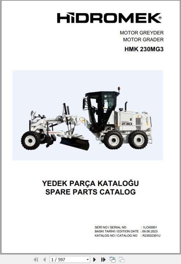 Hidromek Motor Grader HMK 230MG3 Spare Parts Catalog R23032301U EN TR